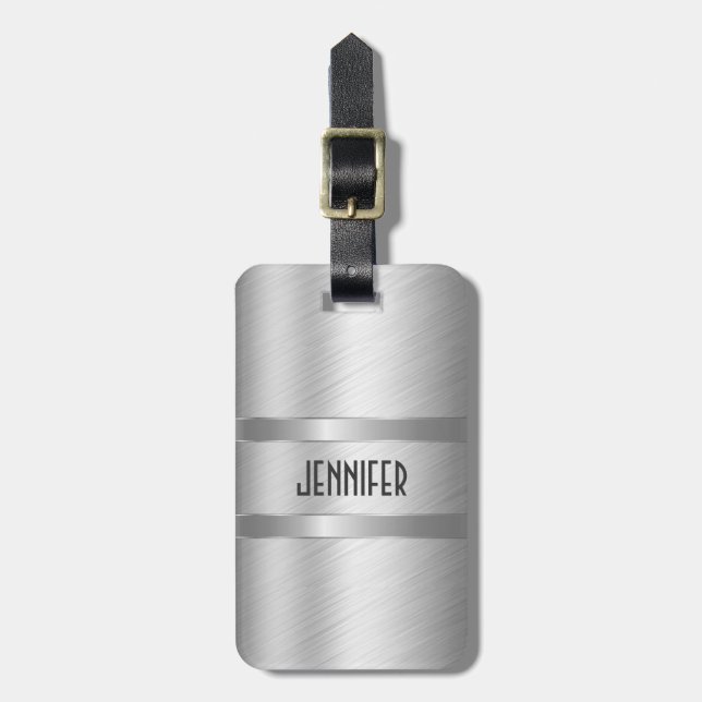 Monogramed Metallic Silver Brushed Aluminium Look Luggage Tag (Front Vertical)