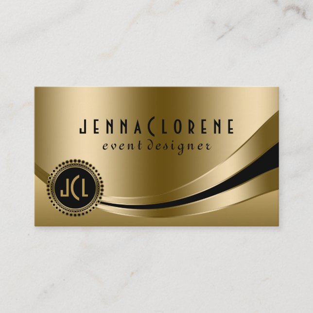 Monogramed Modern Black & Gold Dynamic Lines 2 Business Card (Front)