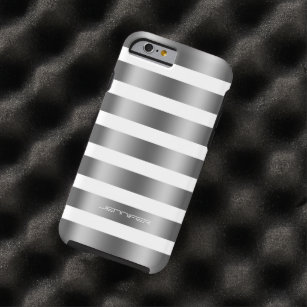Monogramed Modern Silver Stripes White Background Tough iPhone 6 Case