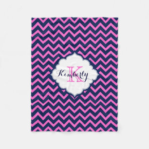 Monogramed Navy-Blue And Pink Zigzag Chevron Fleece Blanket