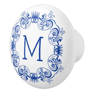 Monogramed Navy Blue Floral Orante Circle Grame Ceramic Knob