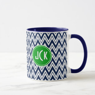 Monogramed Navy Blue & White Zigzag Chevron Mug