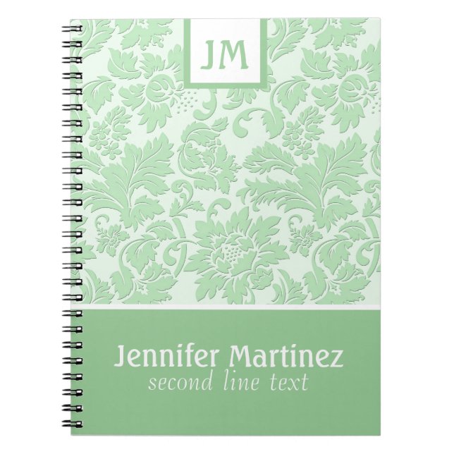 Monogramed Pastel Green Monochromatic  Damask Notebook (Front)