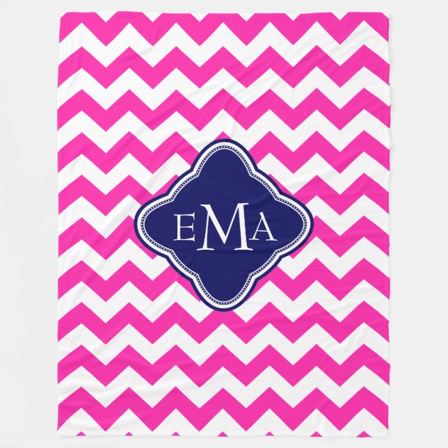 Monogramed Pink Blue And White Zigzag Chevron Fleece Blanket (Front)
