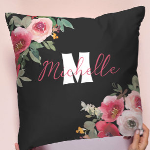 Monogramed Pink Floral Watercolor Chic Cutom Name Cushion