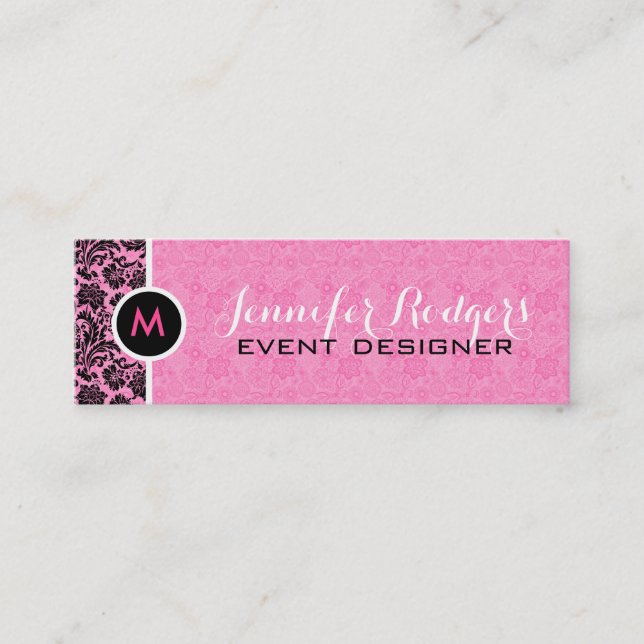 Monogramed Pink Lace Background Black Damasks Mini Business Card (Front)