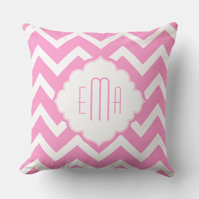 Monogramed Pink & White Geometric Zigzag Chevron Cushion (Front)