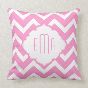 Monogramed Pink & White Geometric Zigzag Chevron Cushion