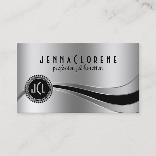 Monogramed Plain Metallic Silver & Black Business Card (Front)