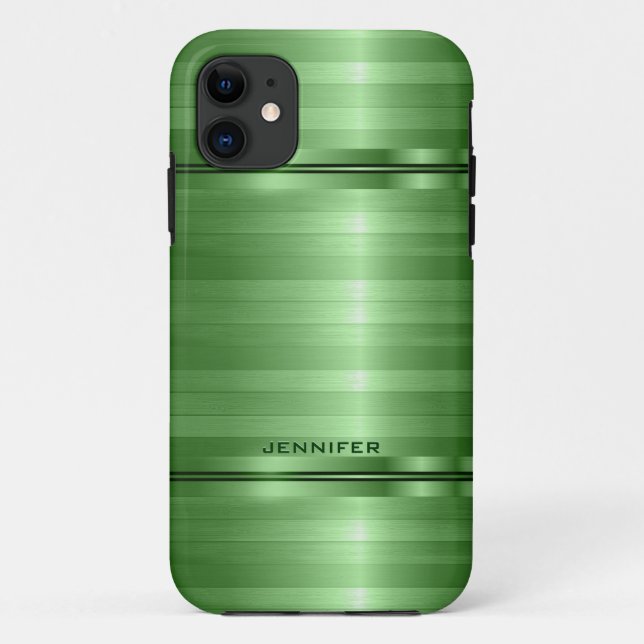 Monogramed Shiny Metallic Green Stripes Case-Mate iPhone Case (Back)
