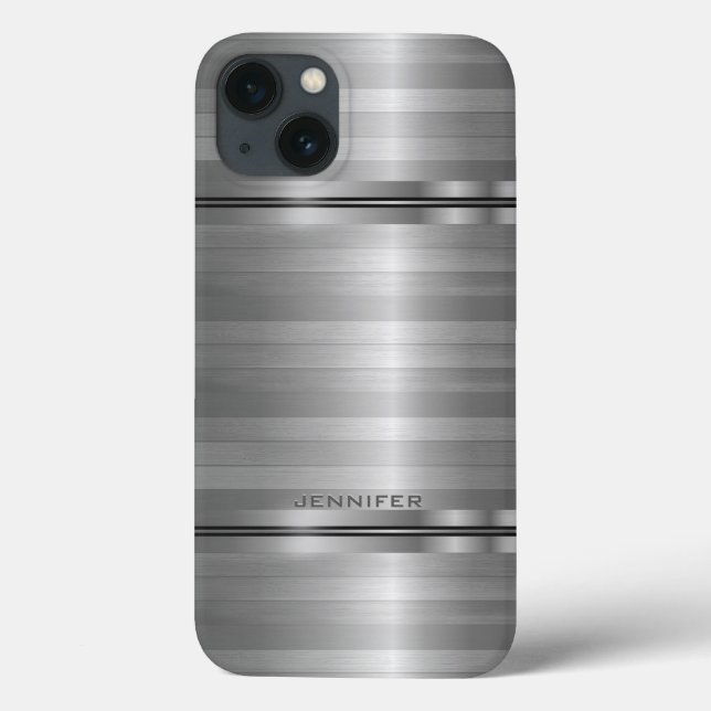 Monogramed Shiny Metallic Silver Grey Stripes Case (Back)