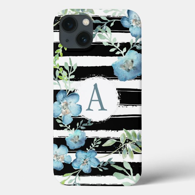 Monogramed Stripes Blue Floral Case-Mate iPhone Case (Back)