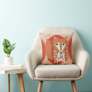 Monogramed Stylised Retro Orange Red Fox Pillow