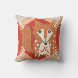 Monogramed Stylised Retro Orange Red Fox Pillow