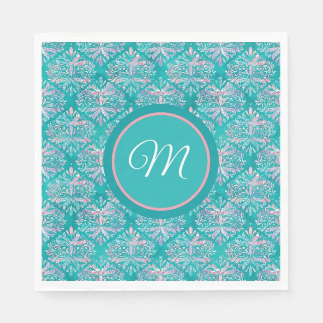 Monogramed Teal Pattern Napkins (Front)