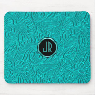 Monogramed Turquoise Embossed Floral Damasks Mouse Pad