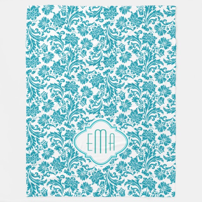 Monogramed Turquoise & White Floral Damasks Fleece Blanket (Front)
