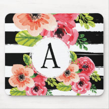 Monogramed Watercolor Floral & Black White Stripes