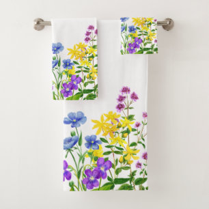 Monogramed Watercolor Wild Flowers Bath Towel Set