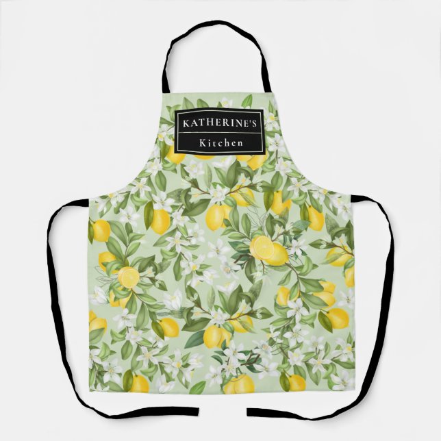 Monogramed Watercolor Yellow Lemons White Florals  Apron (Front)