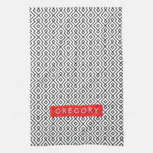 Monogramed White And Black Geometric Pattern Tea Towel
