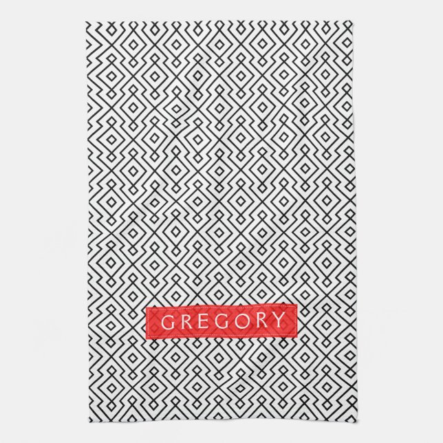 Monogramed White And Black Geometric Pattern Tea Towel (Vertical)