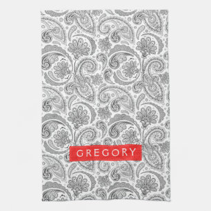 Monogramed White And Grey Floral Paisley Tea Towel