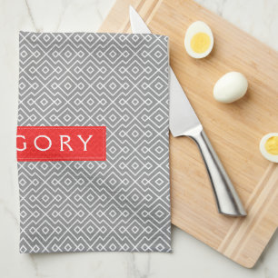 Monogramed White And Grey Geometric Pattern Tea Towel
