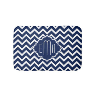 Monogramed White & Blue Geometric Zigzag Chevron Bath Mat