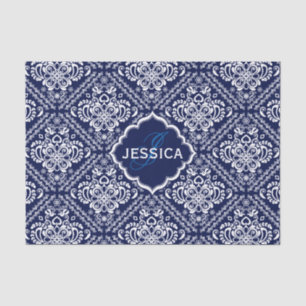 Monogramed White Floral Damasks & Blue Background Tissue Paper