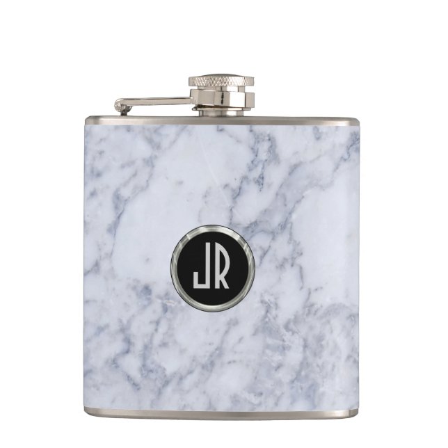 Monogramed White Marble Stone Pattern & Silver Hip Flask (Front)