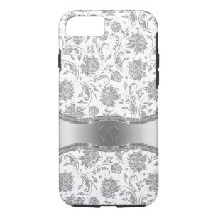 Monogramed White & Metallic Silver Floral Damasks Case-Mate iPhone Case