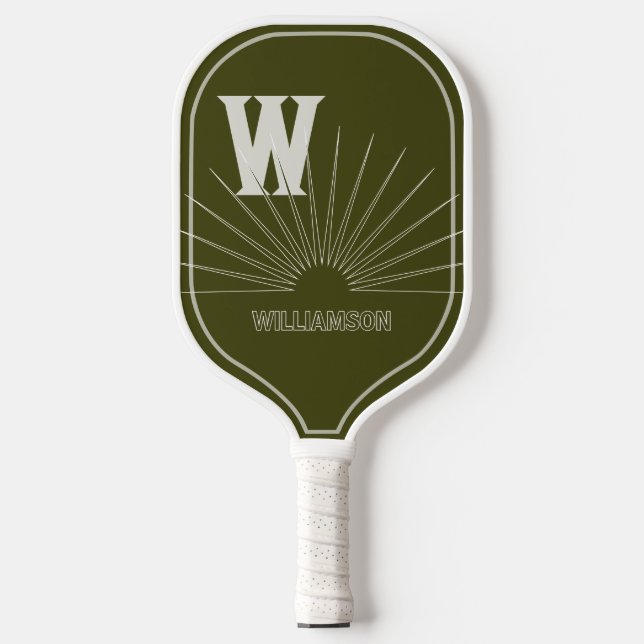 Monogramed with Sunburst & name Olive green Pickleball Paddle (Front)