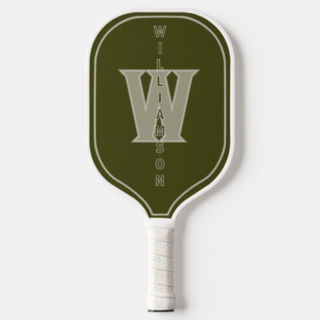 Monogramed with Vertical name Olive green Pickleball Paddle (Front)