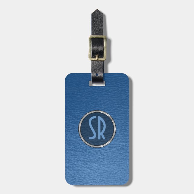 Monogramed Worn-Out Blue Leather Look Luggage Tag (Front Vertical)