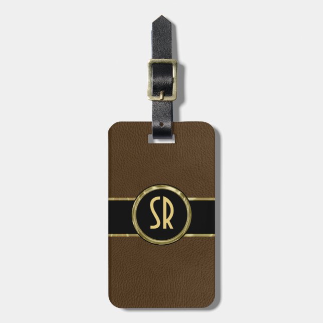 Monogramed Worn-out Brown Leather Look 2 Luggage Tag (Front Vertical)