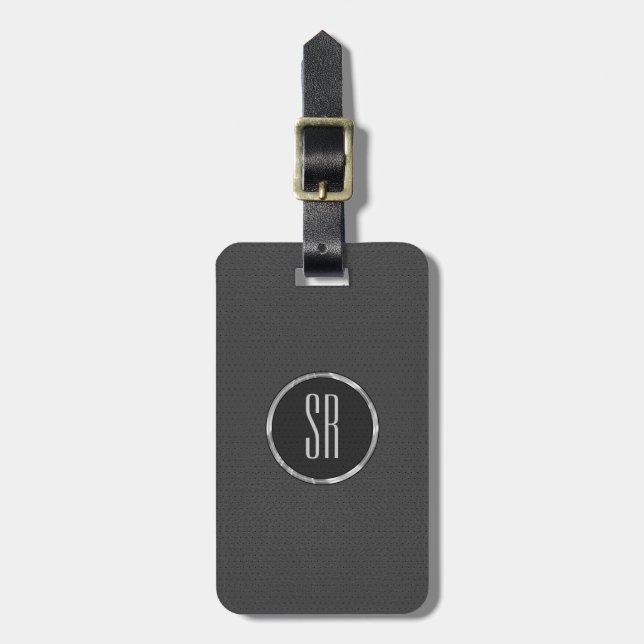 Monogramed Worn-Out Grey Leather Look Luggage Tag (Front Vertical)