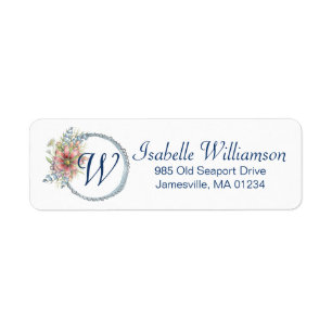Monogramm Blue Floral Wreath Return Address Label