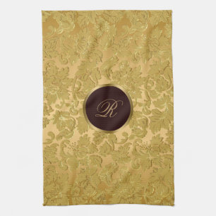 Monogramm Monochromatic Gold Floral Damasks Tea Towel