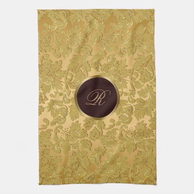 Monogramm Monochromatic Gold Floral Damasks Tea Towel (Vertical)
