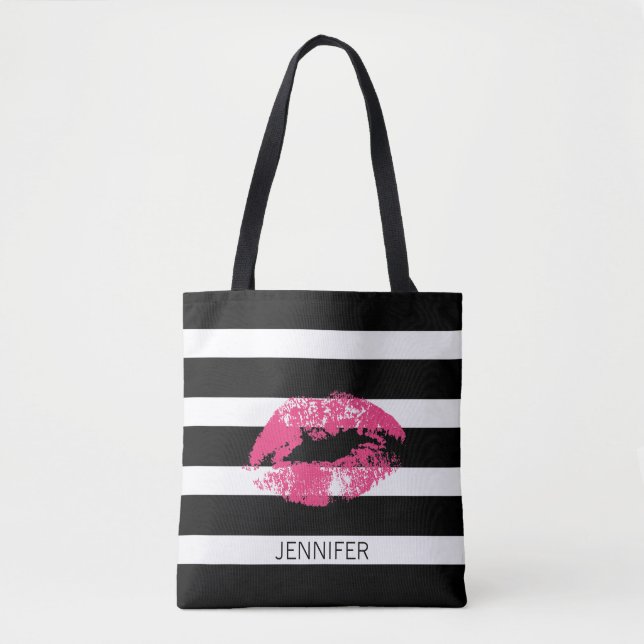 Monogramm Pink Lips And Black White Stripes Tote Bag (Front)