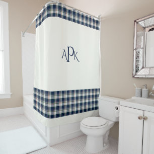 Monogrammable Blue, White, Multi Thread Plaid Shower Curtain