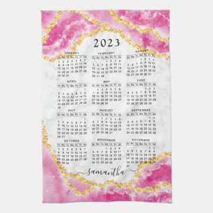 Monogrammed 2023 Calendar Girly Elegant Pink White Tea Towel