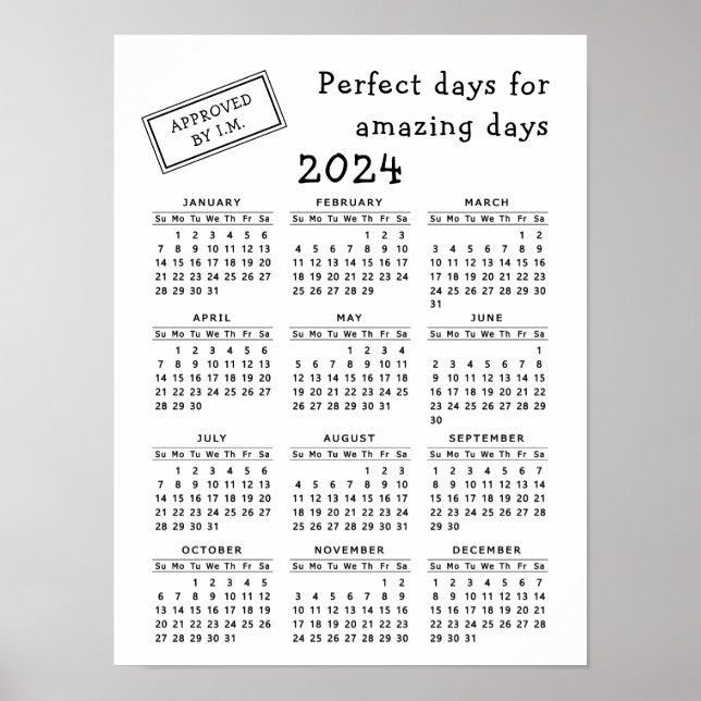 Monogrammed 2024 Calendar White Black Motivational Poster (Front)