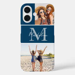 Monogrammed 2 Photo Collage Blue iPhone 16 Case