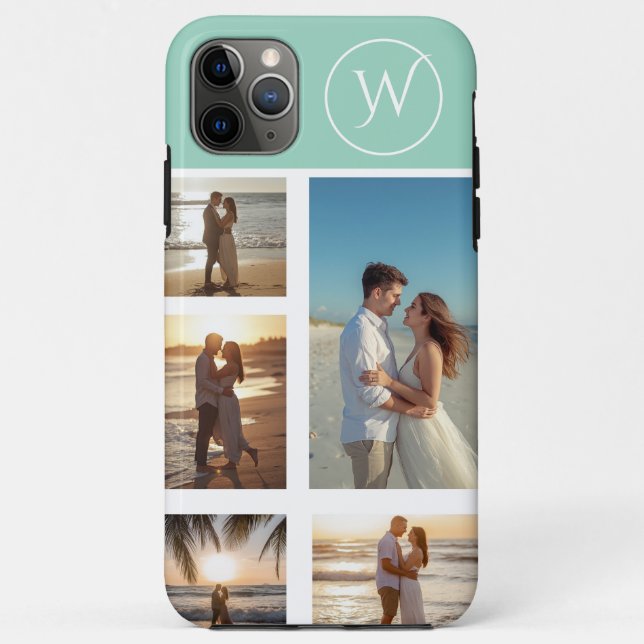Monogrammed 5 Photo Collage on Teal Case-Mate iPhone Case (Back)