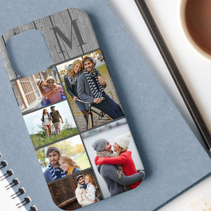 Monogrammed 6 Photo Collage Grey Wood iPhone 12 Pro Max Case