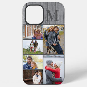 Monogrammed 6 Photo Collage Grey Wood iPhone 12 Pro Max Case