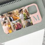 Monogrammed 6 Photo Collage Horizontal Peach iPhone 12 Pro Max Case<br><div class="desc">Monogrammed iPhone case with horizontal photo collage, which you can personalise with 6 of your favourite photos and your initial. The template is set up ready for you to add your photos, which are displayed in landscape, square / instagram and portrait formats. The design has a peach background with green...</div>