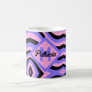 monogrammed 70s pink & purple psychedelic black coffee mug
